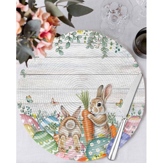 15 Inch Round Placemats Set of 6, Spring Easter Non Slip Heat Insulation PP Table Mats, Bunny Eggs Floral Leaves Farm Wooden Grain Washable Place Mats for Kitchen Dining Party Table Decor