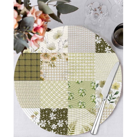 15 Inch Round Placemats Set of 6, Spring Floral Non Slip Heat Insulation PP Table Mats, Yellow Flowers Botanical Patchwork Grid Bohemia Washable Place Mats for Kitchen Dining Party Table Decor