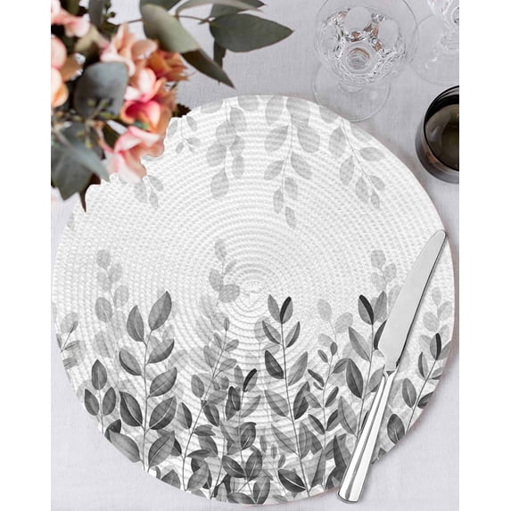 15 Inch Round Placemats Set of 6, Spring Gray Eucalyptus Non Slip Heat Insulation PP Table Mats, Summer Botanical Leaf Country Washable Place Mats for Kitchen Dining Party Table Decor