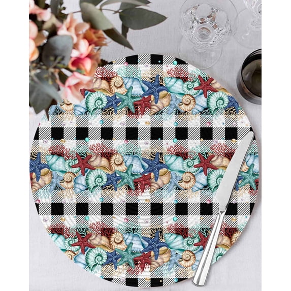 15 Inch Round Placemats Set of 6, Summer Starfish Non Slip Heat Insulation PP Table Mats, Blue Conch Coral Ocean Vintage Plaid Washable Place Mats for Kitchen Dining Party Table Decor