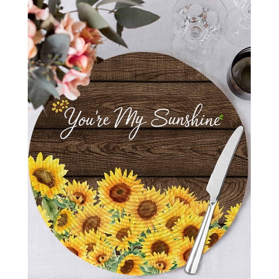 15 Inch Round Placemats Set of 6, Sunflowers Non Slip Heat Insulation PP Table Mats, Wooden Yellow Summer Botanical Elegant Pastoral Washable Place Mats for Kitchen Dining Party Table Decor