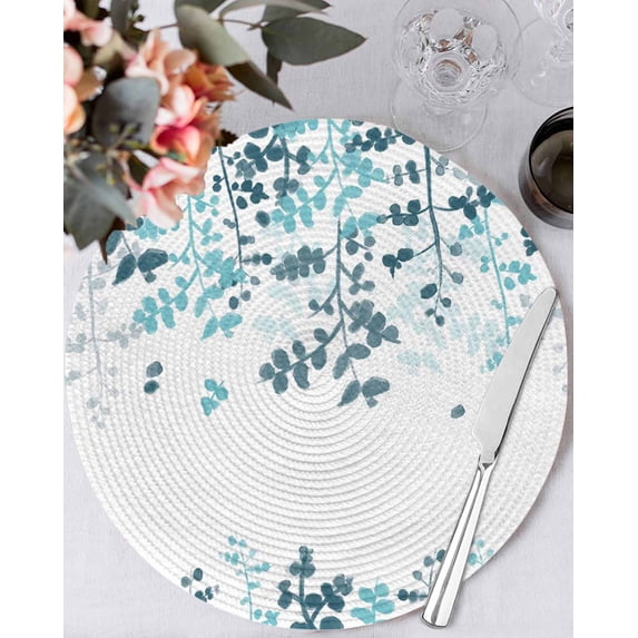 15 Inch Round Placemats Set of 6, Teal Blue Leaves Non Slip Heat Insulation PP Table Mats, Summer Botanical Washable Place Mats for Kitchen Dining Party Table Decor