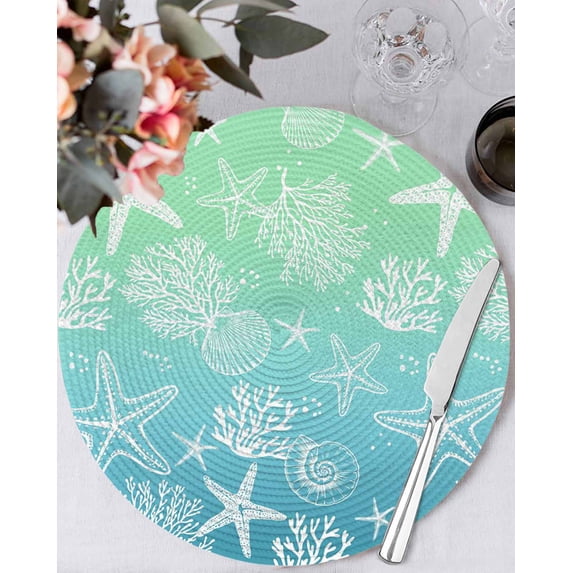 15 Inch Round Placemats Set of 6, Teal Blue Ombre Coastal Non Slip Heat Insulation PP Table Mats, Sea Nautical Summer Beach Starfish Coral Washable Place Mats for Kitchen Dining Party Table Decor