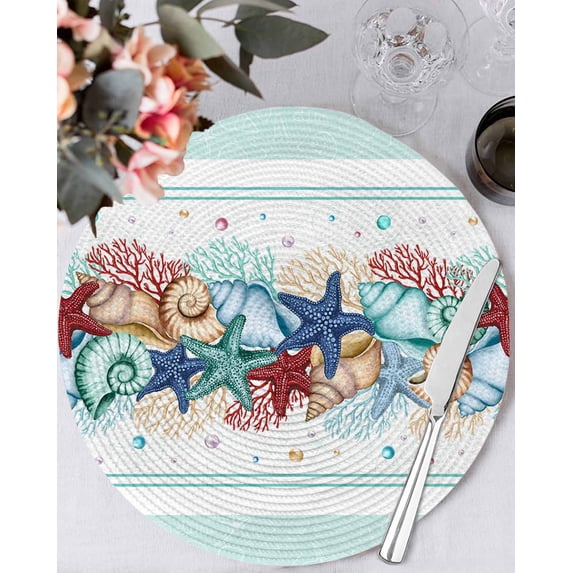 15 Inch Round Placemats Set of 6, Teal Green Starfish Non Slip Heat Insulation PP Table Mats, Summer Coral Beach Conch Coastal Washable Place Mats for Kitchen Dining Party Table Decor
