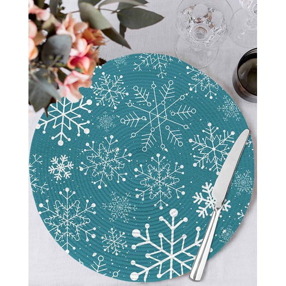 15 Inch Round Placemats Set of 6, Teal Snowflake Christmas Non Slip Heat Insulation PP Table Mats, Xmas Snowflake Washable Place Mats for Kitchen Dining Party Table Decor