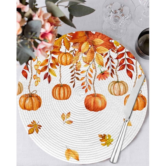 15 Inch Round Placemats Set of 6, Thanksgiving Fall Pumpkins Non Slip Heat Insulation PP Table Mats, Orange Maple Leaf Autumn Washable Place Mats for Kitchen Dining Party Table Decor