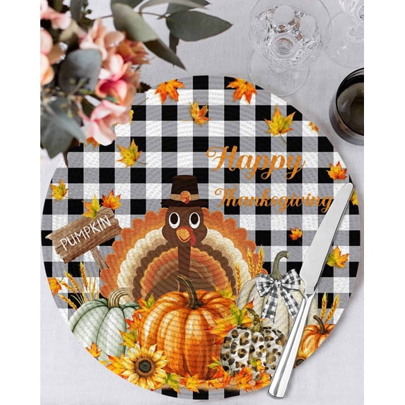 15 Inch Round Placemats Set of 6, Thanksgiving Non Slip Heat Insulation PP Table Mats, Fall Turkey Pumpkin Maple Leaf Black Plaid Washable Place Mats for Kitchen Dining Party Table Decor