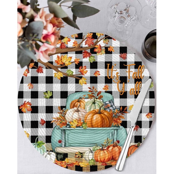 15 Inch Round Placemats Set of 6, Thanksgiving Non Slip Heat Insulation PP Table Mats, Maple Leaf Pumpkin Black White Plaid Washable Place Mats for Kitchen Dining Party Table Decor