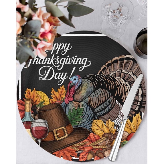 15 Inch Round Placemats Set of 6, Thanksgiving Turkey Non Slip Heat ...