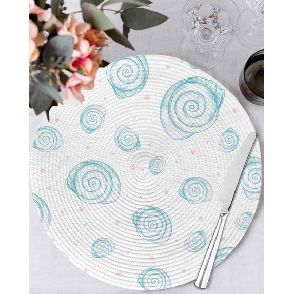 15 Inch Round Placemats Set of 6, Turquoise Conch Coastal Non Slip Heat Insulation PP Table Mats, Nautical Summer Beach Ocean Sea Washable Place Mats for Kitchen Dining Party Table Decor