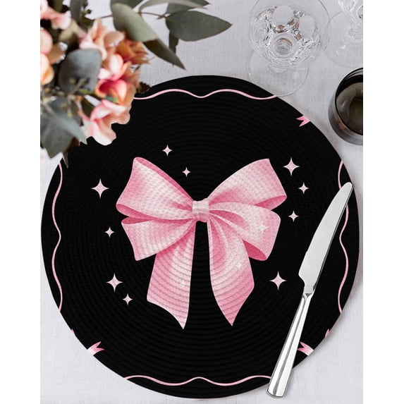15 Inch Round Placemats Set of 6, Valentine's Day Non Slip Heat Insulation PP Table Mats, Pink Bowknot Ribbon on Black Mother's Day Washable Place Mats for Kitchen Dining Party Table Decor
