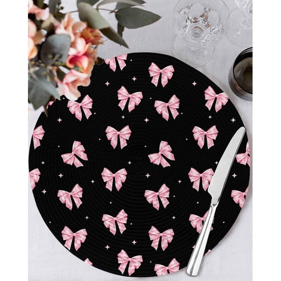 15 Inch Round Placemats Set of 6, Valentine's Day Non Slip Heat Insulation PP Table Mats, Pink Bows Shining Stars Modern Black Washable Place Mats for Kitchen Dining Party Table Decor