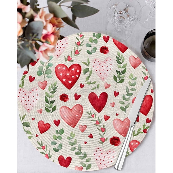 15 Inch Round Placemats Set of 6, Valentines Non Slip Heat Insulation PP Table Mats, Pink Red Love Heart Green Botanical Spring Washable Place Mats for Kitchen Dining Party Table Decor