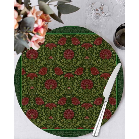 15 Inch Round Placemats Set of 6, Vintage Red Roses Non Slip Heat Insulation PP Table Mats, Green Abstract Art Floral Ethnic Washable Place Mats for Kitchen Dining Party Table Decor