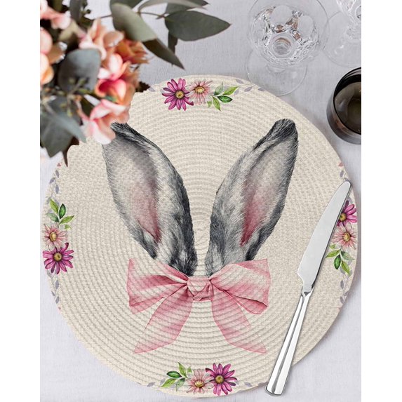 15 Inch Round Placemats Set of 6, Watercolor Easter Non Slip Heat Insulation PP Table Mats, Cute Rabbits Ears Flowers Bow Spring Beige Washable Place Mats for Kitchen Dining Party Table Decor