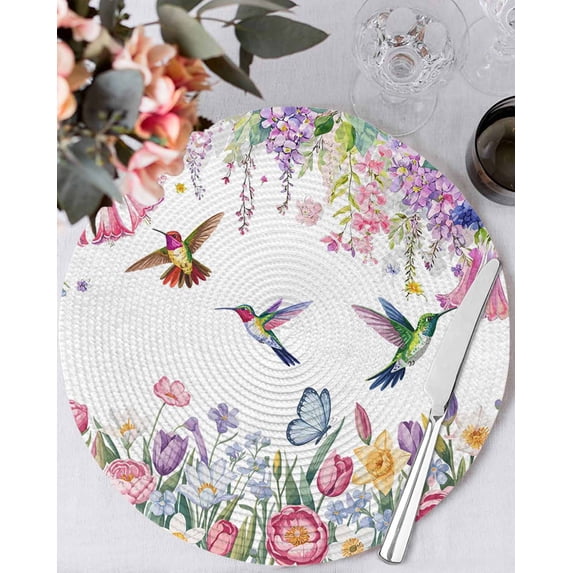 15 Inch Round Placemats Set of 6, Watercolor Flowers Non Slip Heat Insulation PP Table Mats, Spring Hummingbird Butterflly Floral Washable Place Mats for Kitchen Dining Party Table Decor