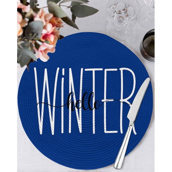15 Inch Round Placemats Set of 6, Winter Navy Blue Non Slip Heat Insulation PP Table Mats, Christmas Xmas Modern Minimalist Words Art Washable Place Mats for Kitchen Dining Party Table Decor