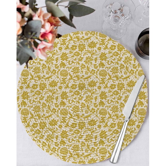 15 Inch Round Placemats Set of 6, Yelllow Floral Non Slip Heat Insulation PP Table Mats, Vintage Rustic Plants Flowers Spring Washable Place Mats for Kitchen Dining Party Table Decor