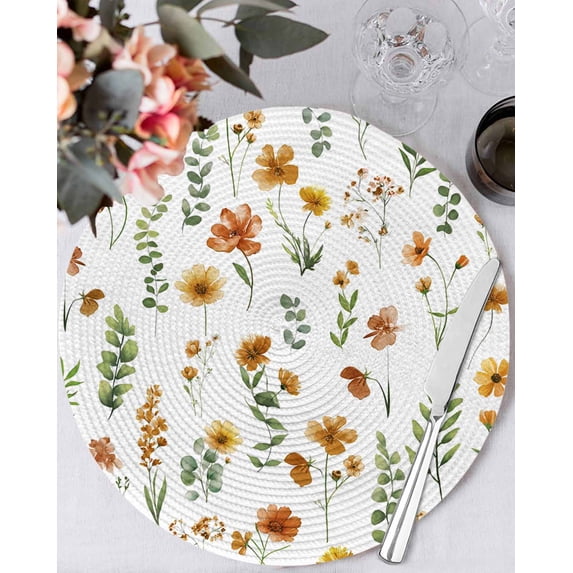 15 Inch Round Placemats Set of 6, Yellow Spring Floral Non Slip Heat Insulation PP Table Mats, Flowers Leaves Elegant Pastoral Washable Place Mats for Kitchen Dining Party Table Decor