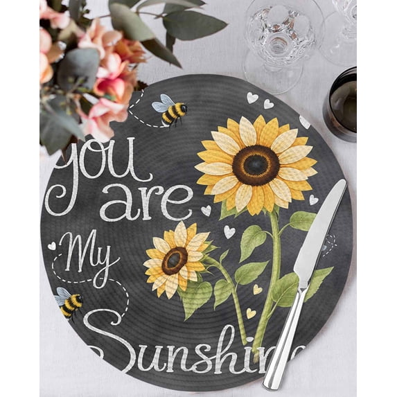 15 Inch Round Placemats Set of 6, You Are My Sunshine Non Slip Heat Insulation PP Table Mats, Yellow Sunflowers Cute Bees Heart Dark Gray Washable Place Mats for Kitchen Dining Party Table Decor