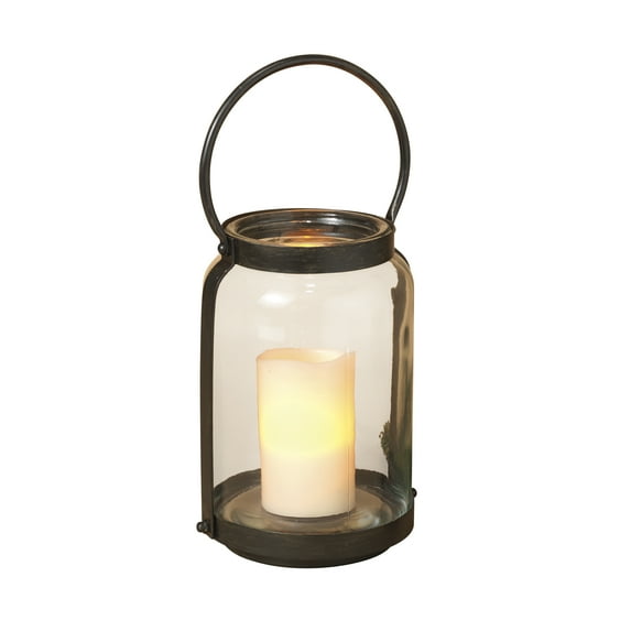 15 Inch Rounded Glass and Black Metal Lantern