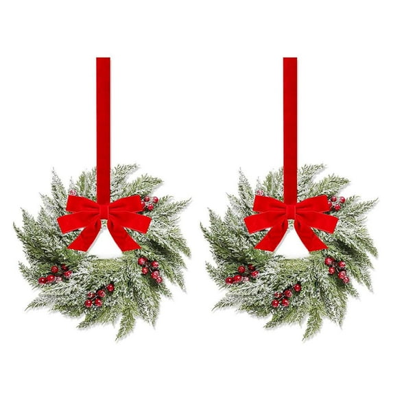 15 Inch Small Christmas Norfolk Wreaths, Christmas Kitchen Cabinet Mini Wreath with Bow Ribbon Cedar Red Berry for Xmas Party Front Door Window Chair Fireplace Table Pillar Farmhouse Decor
