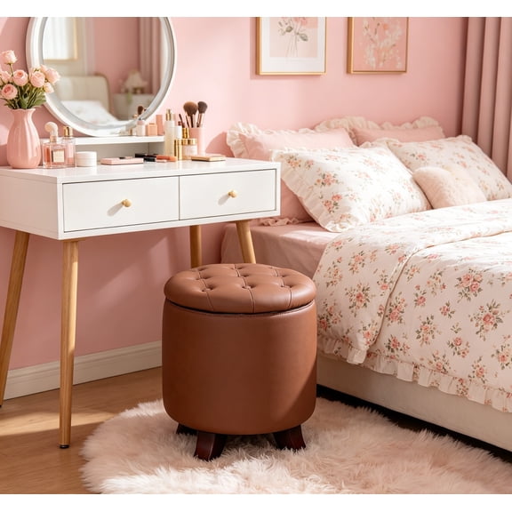 15 Inch Small Ottoman with Storage, Round PU Leather Storage Ottoman Foot Rest with Removable Lid, Multipurpose Footstool for Living Room, Bedroom, Dorm, Brown