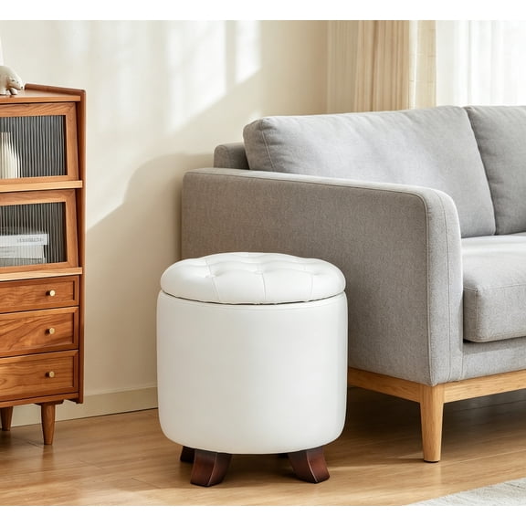 15 Inch Small Ottoman with Storage, Round PU Leather Storage Ottoman Foot Rest with Removable Lid, Multipurpose Footstool for Living Room, Bedroom, Dorm, White