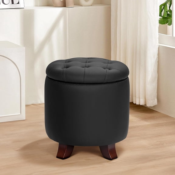 15 Inch Small Ottoman with Storage, Round PU Leather Footrest for Living Room Bedroom Dorm Black