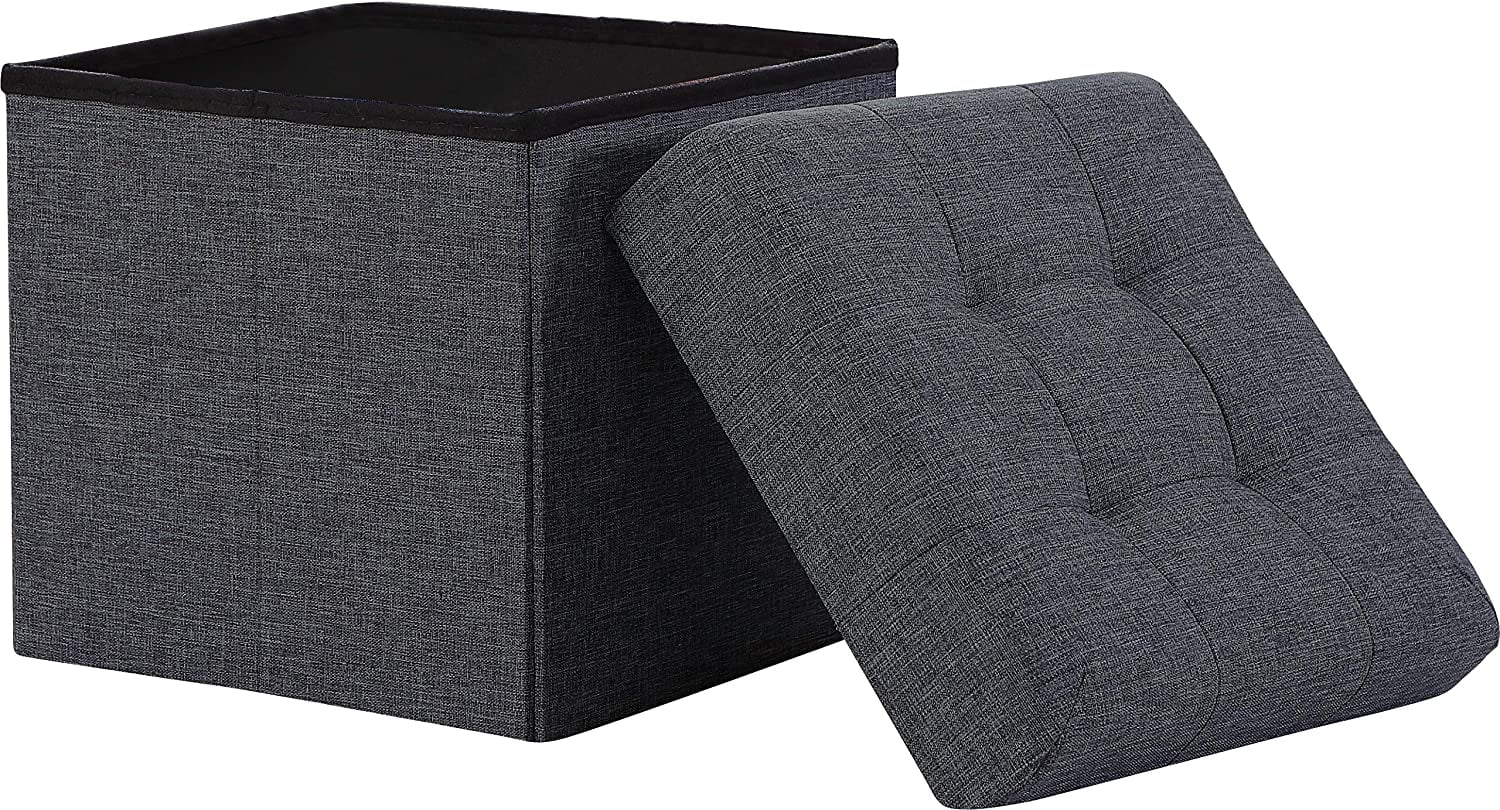 15 Inch Square Storage Ottoman Cube, Tufted Square Linen Storage