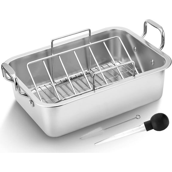 15 Inch Stainless Steel Roasting Pan with Cooling Rack - Turkey, Chicken, Ham Roaster with V-Shaped Baking Rack