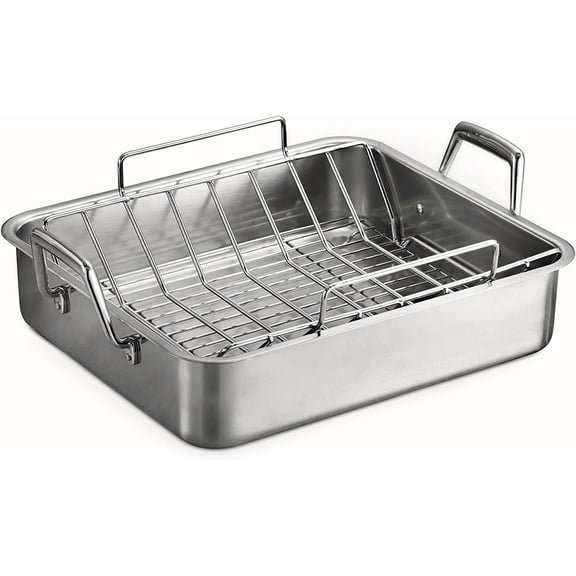 15-Inch Stainless Steel Roasting Pan with Rack, Turkey Roaster for Oven, Dishwasher Safe