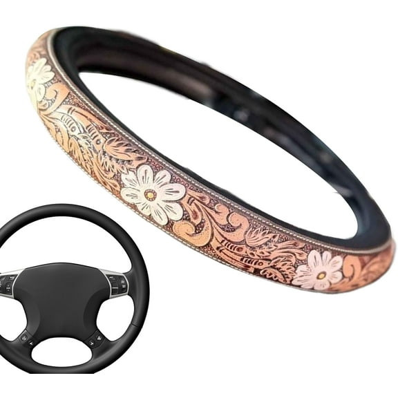 15 Inch Steering Wheel Cover, Retro Embossed Hand-Painted Leather Western Cowboy Car Universal Steering Wheel Cover, Auto Interior Accessories