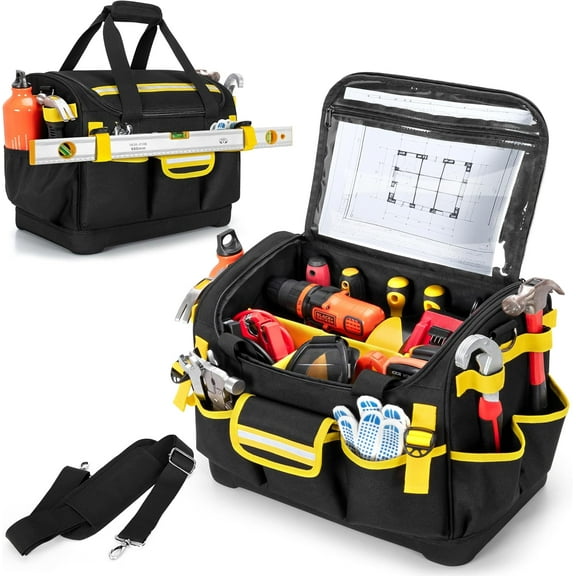 15-Inch Tool Organizer Bag with Hard Base, Heavy Duty Tool Box for Men, Tactical Electrical Work Bag for Electrician, Craftsman, Black
