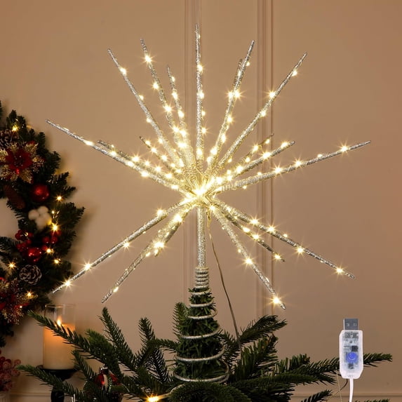 15 Inch Twinkling Starburst Christmas Tree Star Topper, 19-Point Silver ...