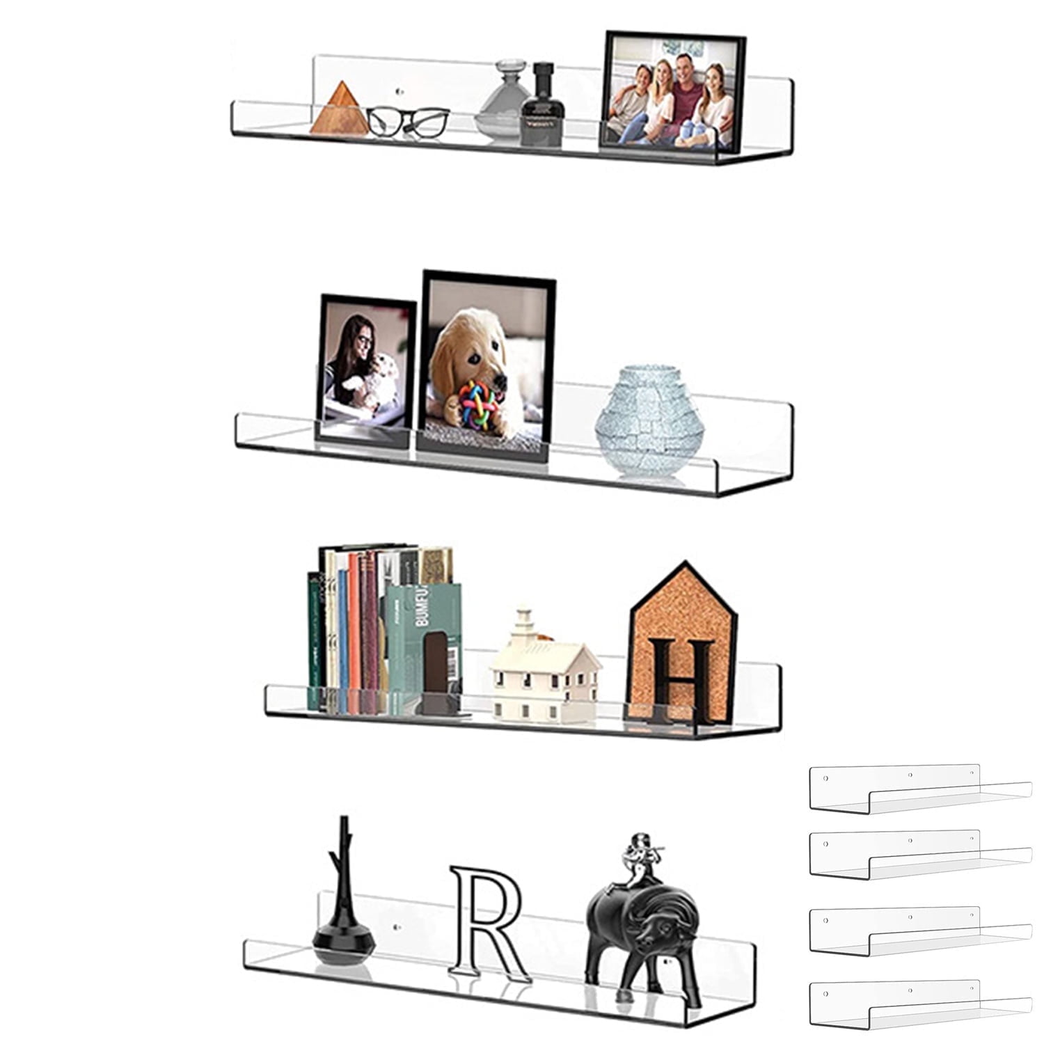 15 Inch Wall Shelf Set of 4 Clear Acrylic Floating Shelves W/Guardrail for Living Room Kitchen Bathroom Bedroom