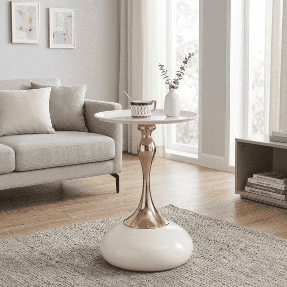15 Inch White Round Martini Side Table, Modern End Table with Sturdy Metal Base for Living Room Bedroom Small Spaces