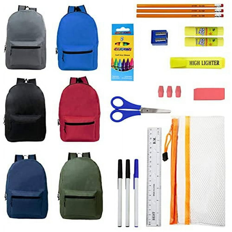 15 Inch Wholesale Backpacks in 6 Assorted Colors with 22 Piece School Supply Kits Bulk Case of 12 of Each