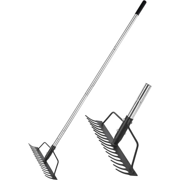 15 Inch Wide Bow Rake with 16 Steel Tines, Adjustable Long Handle Garden Rake for Soil Loosening, Leveling, Mulch Gathering, and Leaf Removal