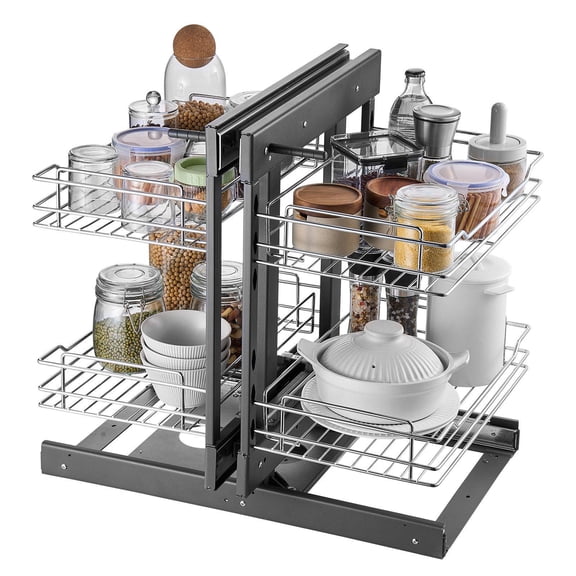 15 Inch Wide Pull Out Corner Cabinet Organizer 2 Tier 4 Shelf Chrome Steel Storage Basket Slide Out Drawer Left Right Compatible