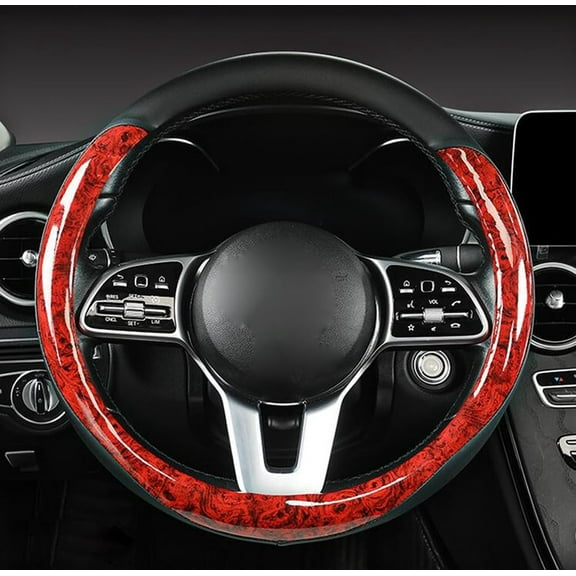 15 Inch Wood Grain Steering Wheel Cover for Women Men Anti-Slip Odorless Comfortable Four Seasons Universal Car Wheel Cover Protector, Red