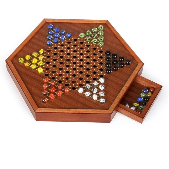 15-Inch Wooden Chinese Checkers Board Game Set Classic Strategy Game with 72 Glass Marbles, Dual-Sided Storage Drawer, Family Board Games for Adults, Educational Travel and Indoor Game