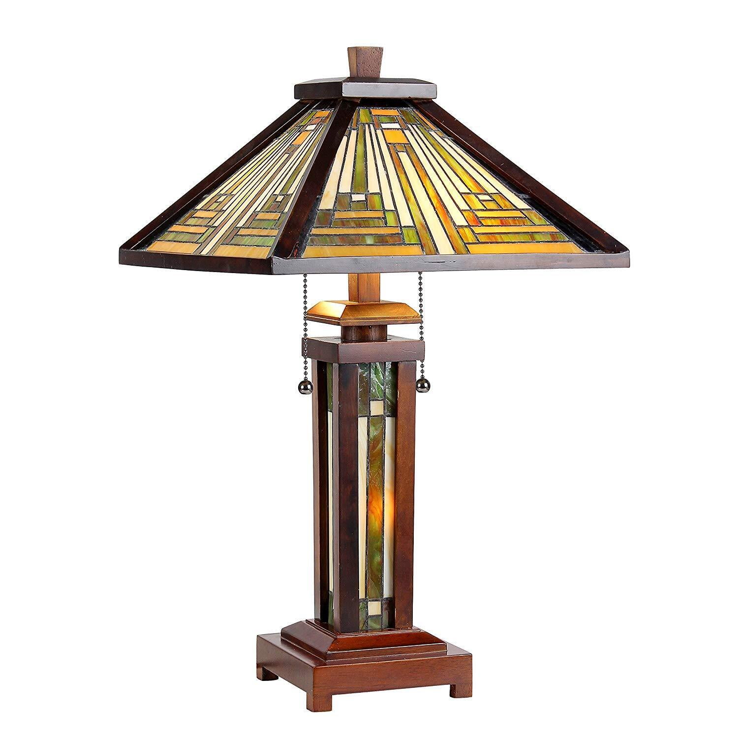 Walnut Finish Mission Style Double Lit Stained Glass Table Lamp