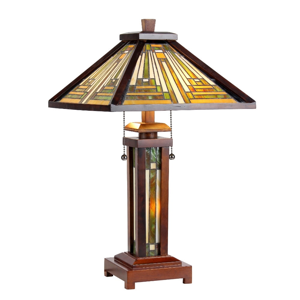 Walnut Finish Mission Style Double Lit Stained Glass Table Lamp