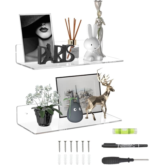 15 Inches Acrylic Wall Shelves 2 Pack, Floating Shelf for Mounting, Display Ledges Funko Pop Figures, Home Dcor, Living Room, Gaming Plants(15 inch, Clear)