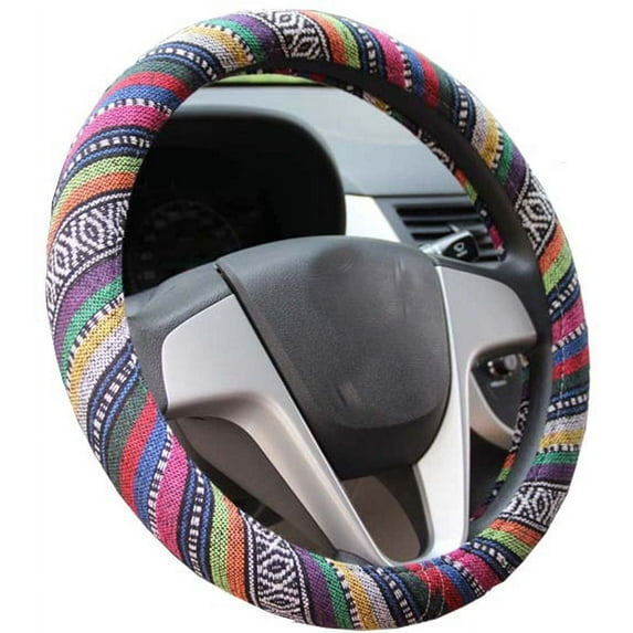 15 Inches Anti Slip and Sweat Absorption Auto Car Wrap Cover Ethnic Style Coarse Flax Cloth Automotive Steering Wheel Cover Fit Most Vehicles