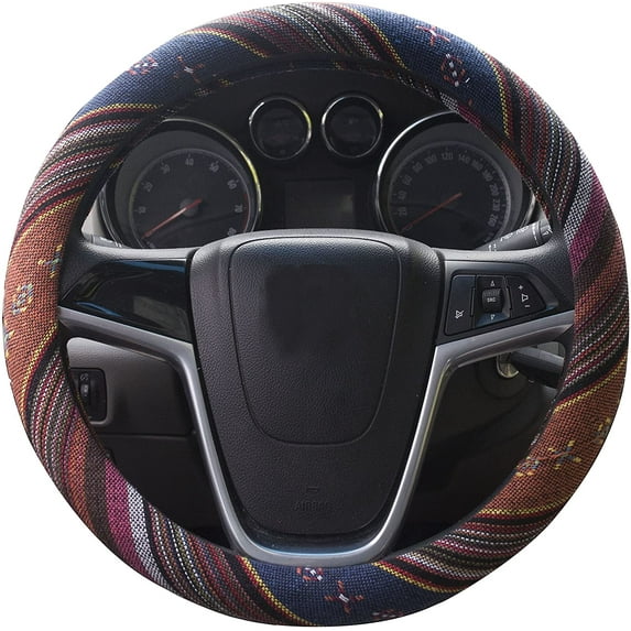 15 Inches Anti Slip and Sweat Absorption Auto Car Wrap Cover Ethnic Style Coarse Flax Cloth Automotive Steering Wheel Cover Fit Most Vehicles
