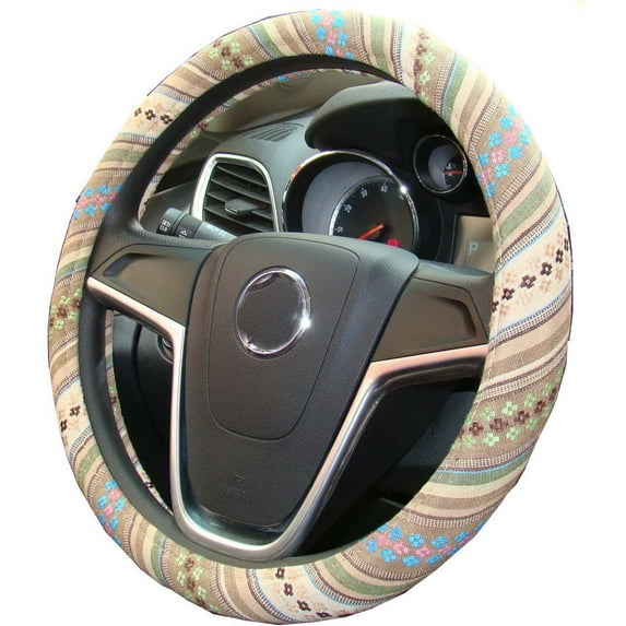 15 Inches Anti Slip and Sweat Absorption Auto Car Wrap Cover Ethnic Style Coarse Flax Cloth Automotive Steering Wheel Cover Fit Most Vehicles