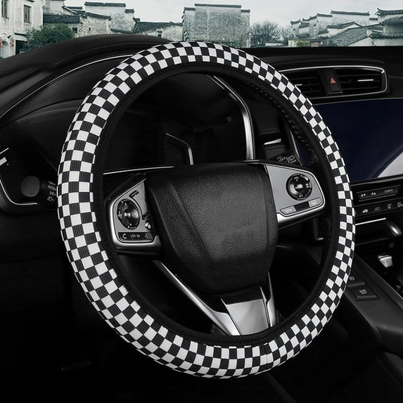15 Inches Checkered Steering Wheel Cover for Women Men Car Interior Decor Elastic Car Accessories Steering Wheel Cover, Black
