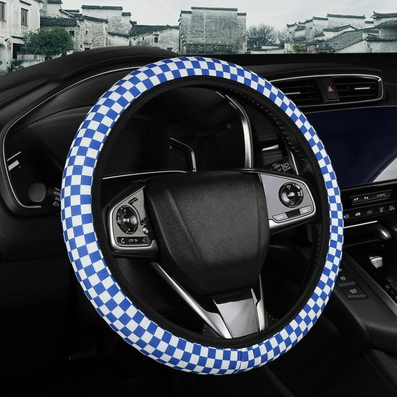 15 Inches Checkered Steering Wheel Cover for Women Men Car Interior Decor Elastic Car Accessories Steering Wheel Cover, Blue